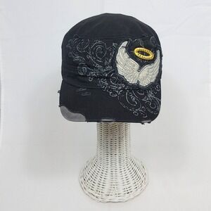 Y2K Angel Wings Distressed Women Military Cap Rhinestones Leader Black Cadet Hat